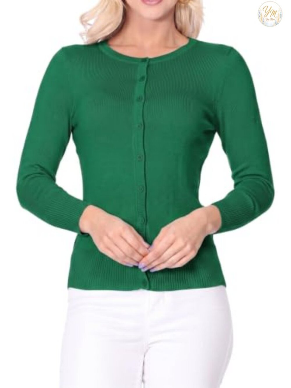 Women's 3/4 Sleeve Button-Down Cardigan Crewneck Knit Fitted Workwear